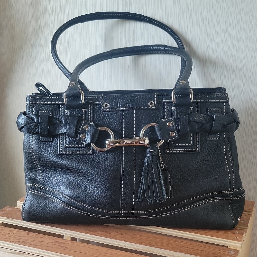 Coach Black Leather Hamptons Satchel with Braided Details And Tassel